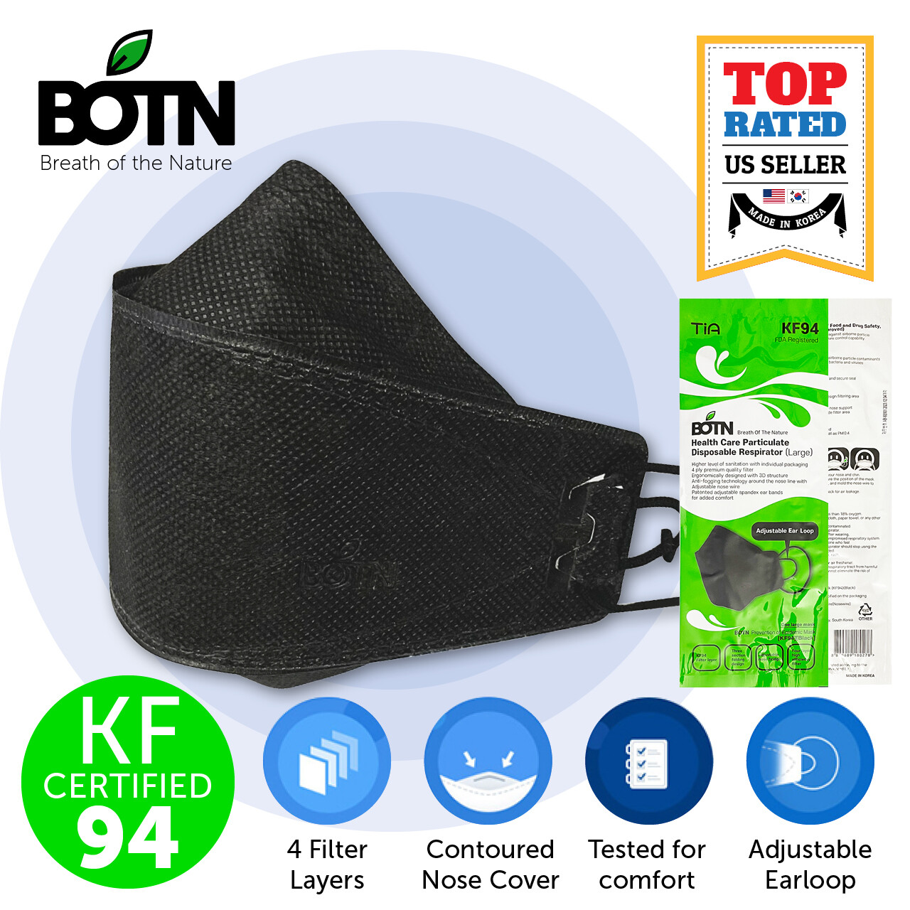 2 Packs BOTN KF94 BLACK Protective Face Mask Adult Made in Korea KFDA Approved