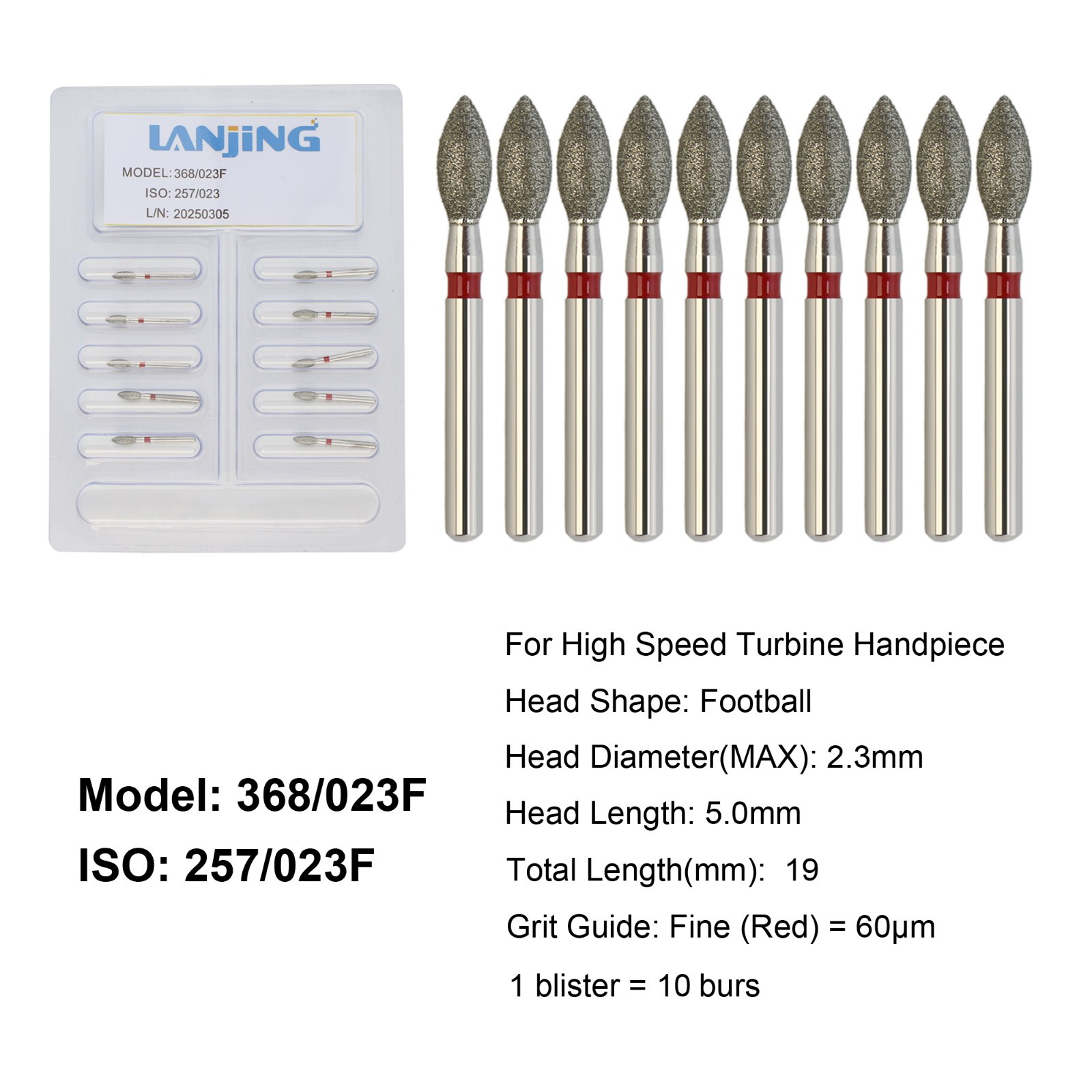 Dental Diamond Burs Round End Taper Football Coarse Fine High Speed 856 850 379