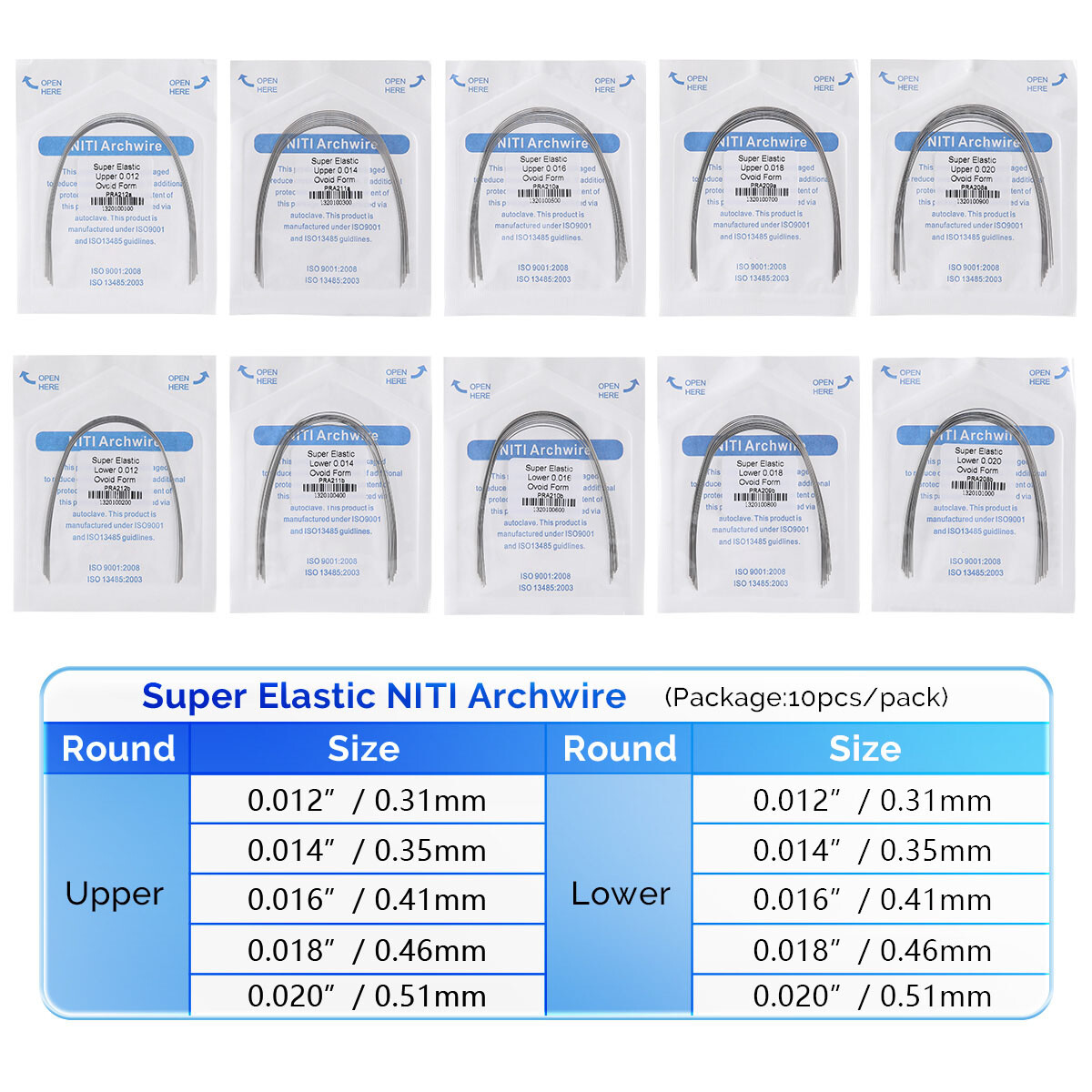 10X AZDENT Dental Ortho Round Arch Wires Super Elastic Niti 012-020 Upper/Lower