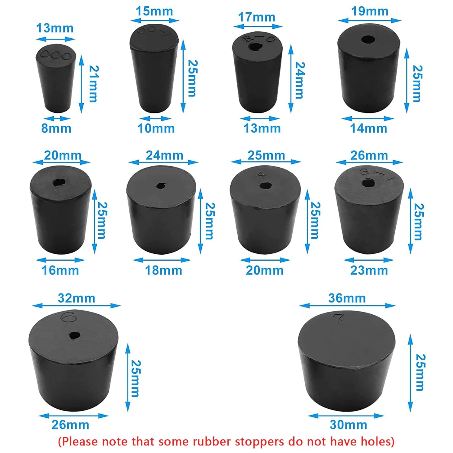 22 Pack Solid Rubber Stoppers 000# -7# – Tapered Laboratory Test Tube Stopper Pl