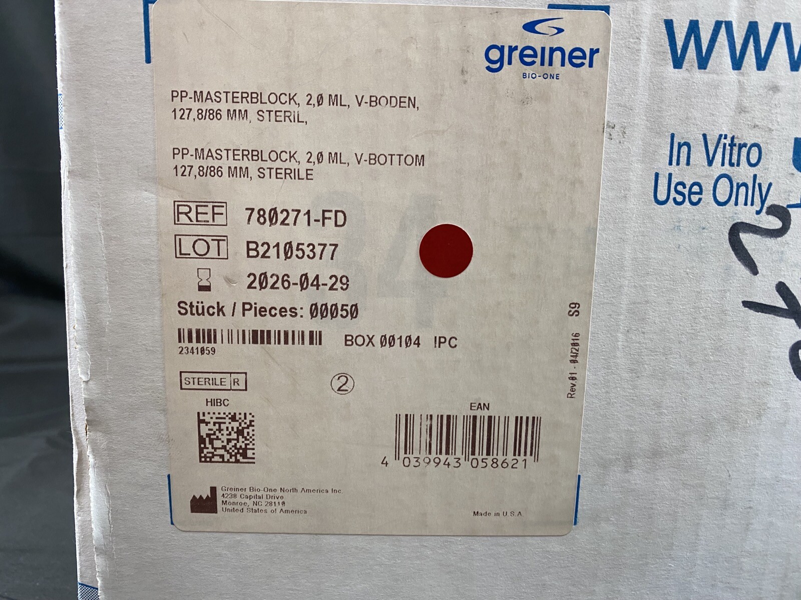 GREINER BIO-ONE Polypropylene 2mL MasterBlock 96-Well V-Bottom 780271-FD(50/cs)