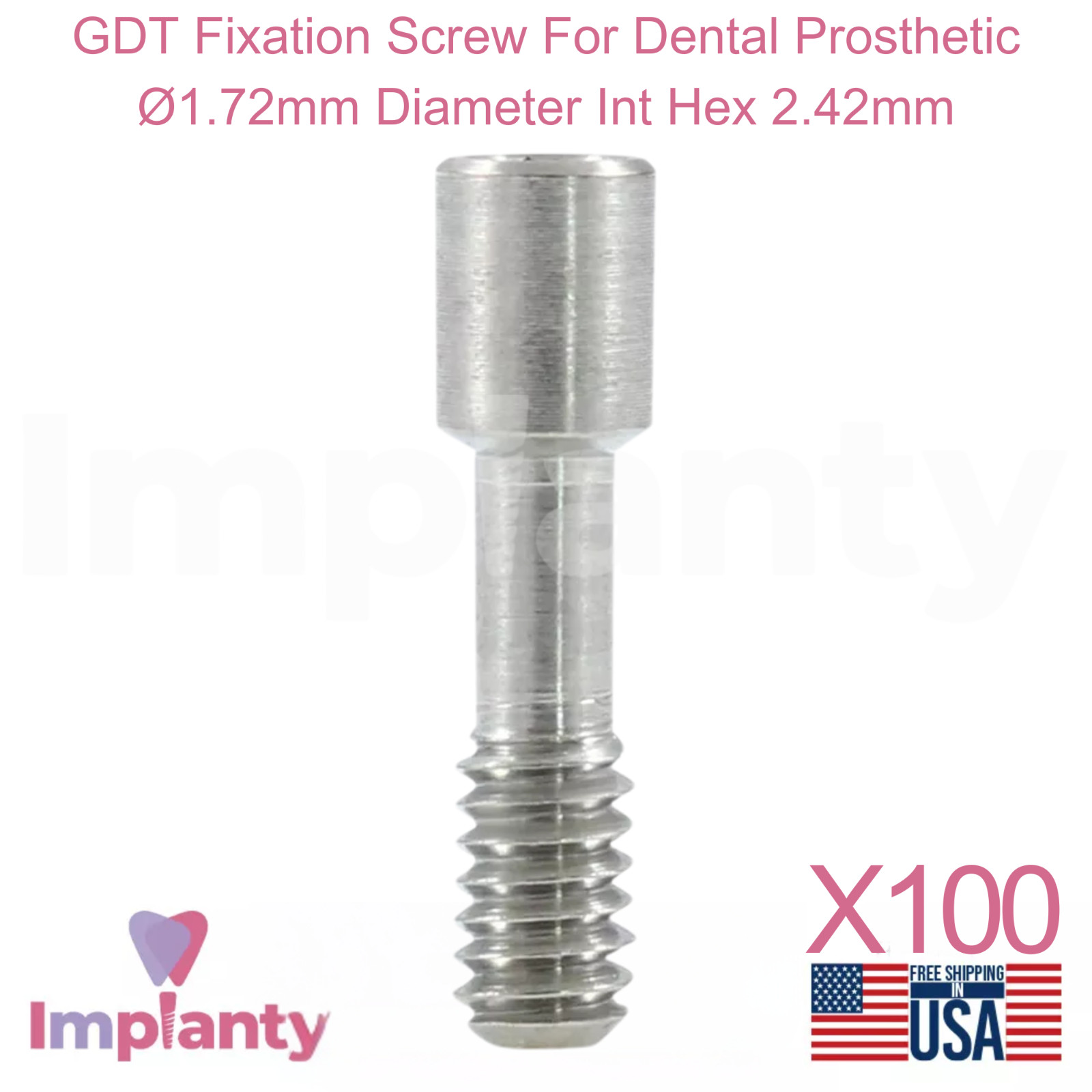 100x GDT Fixation Screw For Dental Prosthetic Ø1.72mm Diameter Int Hex 2.42mm