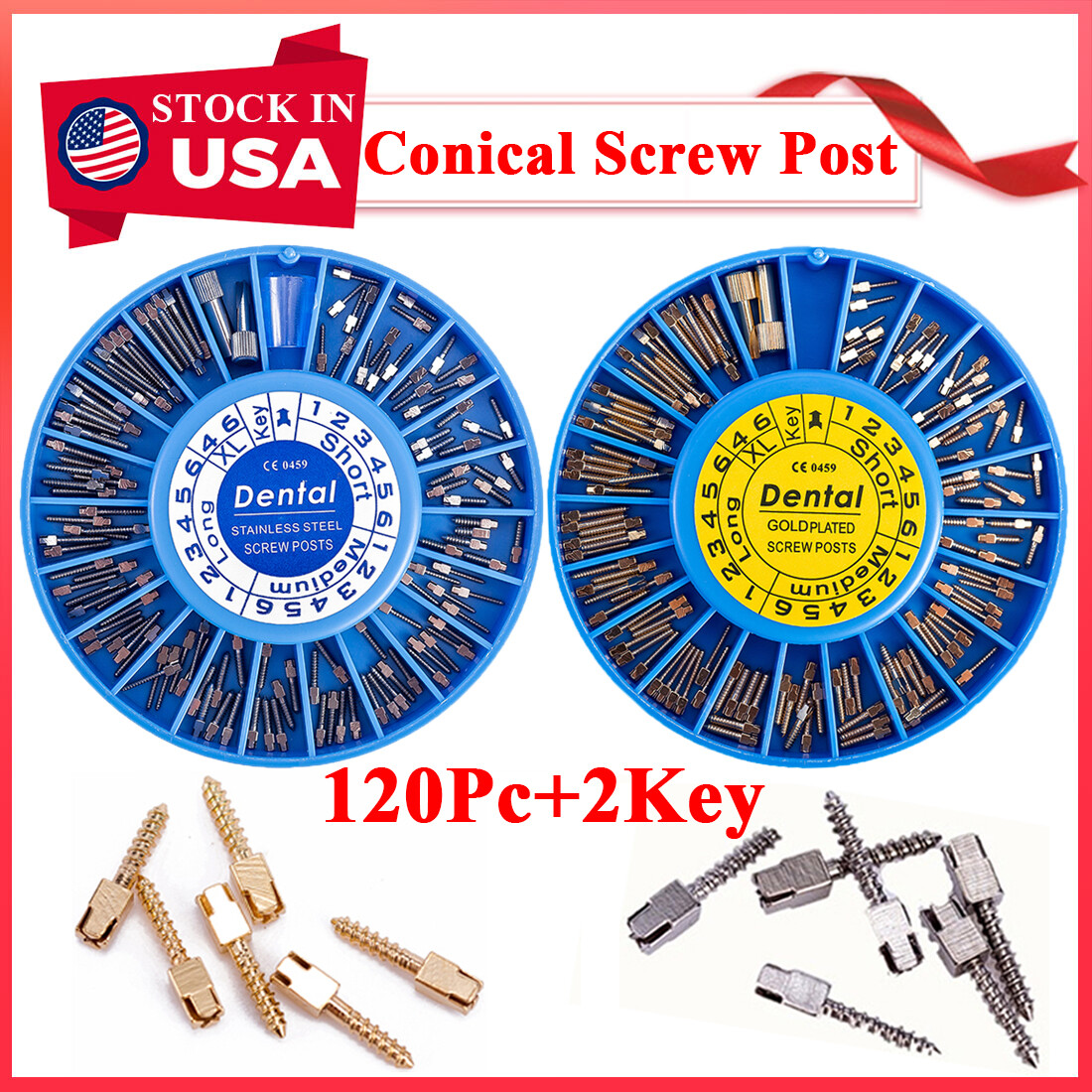 120Pcs Dental Endodontic Conical Screw Posts Kits Refill Gold/Silver Plated+2Key