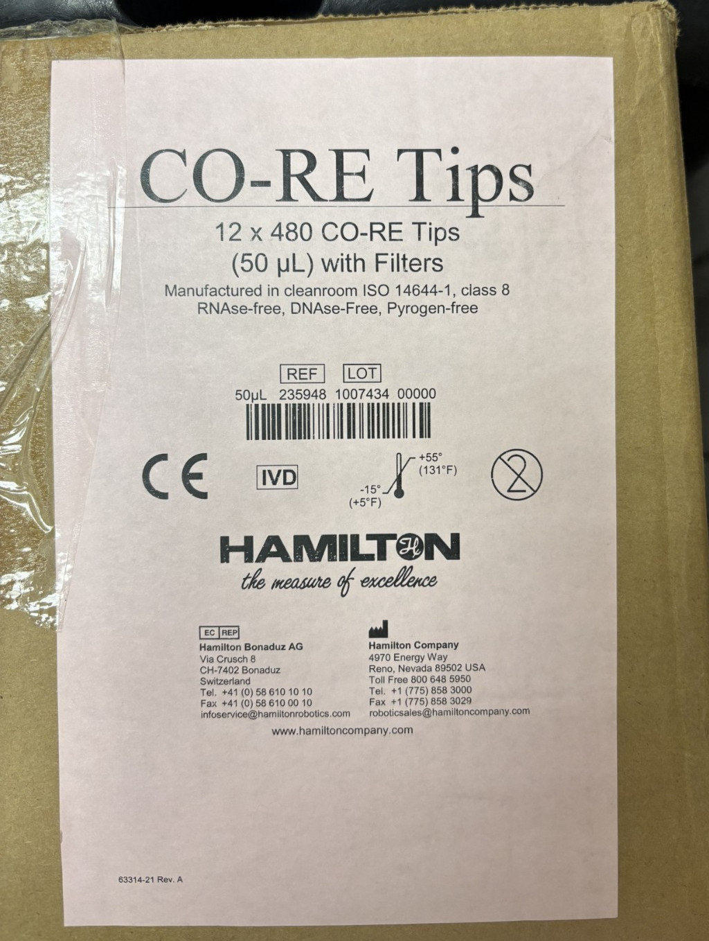 HAMILTON 50µL CO-RE Pipette Filter Tips with filters 235948 12 x 480