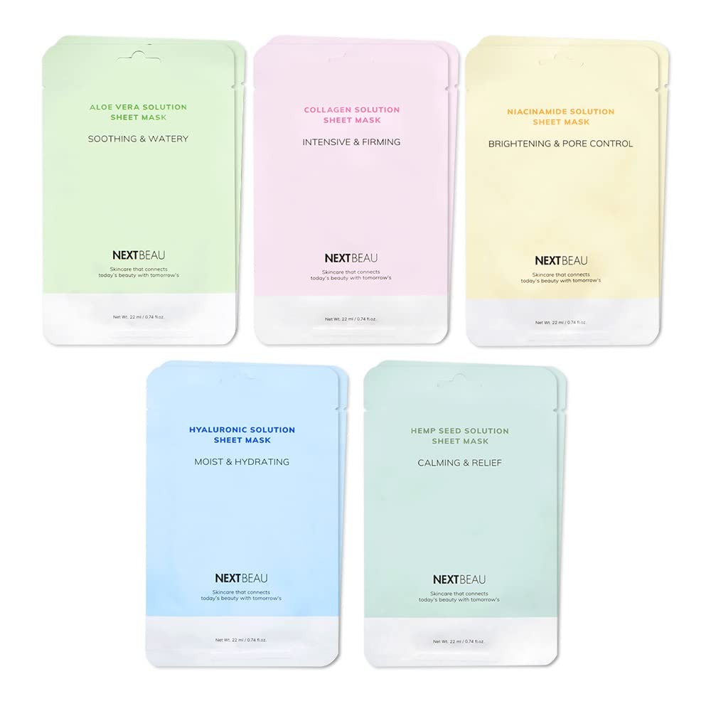 NEXTBEAU Solution Sheet Mask Variety Pack, 10 Count (5 1 (Pack of 10)
