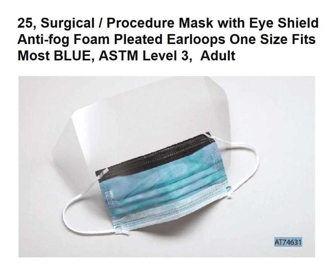 25/Bx Fog Free Surgical Procedure Mask with Eye Shield ASTM LEVEL 3 Blue Earloop