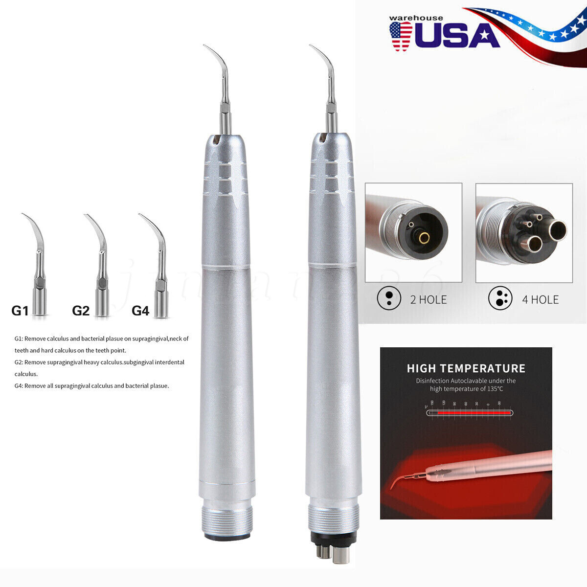 Dental Piezo Ultrasonic Air Scaler Handpiece Hygienist 2/4 Holes With 3 Tips