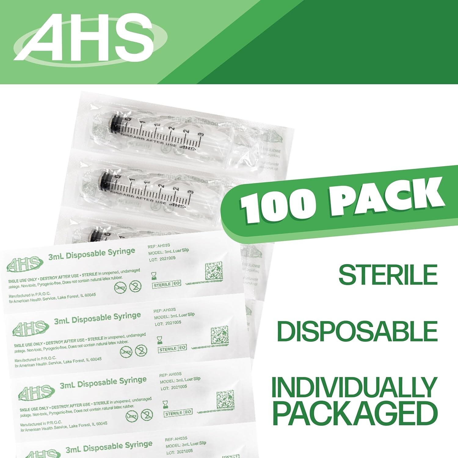 AHS 3ml 3cc Luer Slip Syringe, Sterile, 100/Box, Syringe Only No Needle