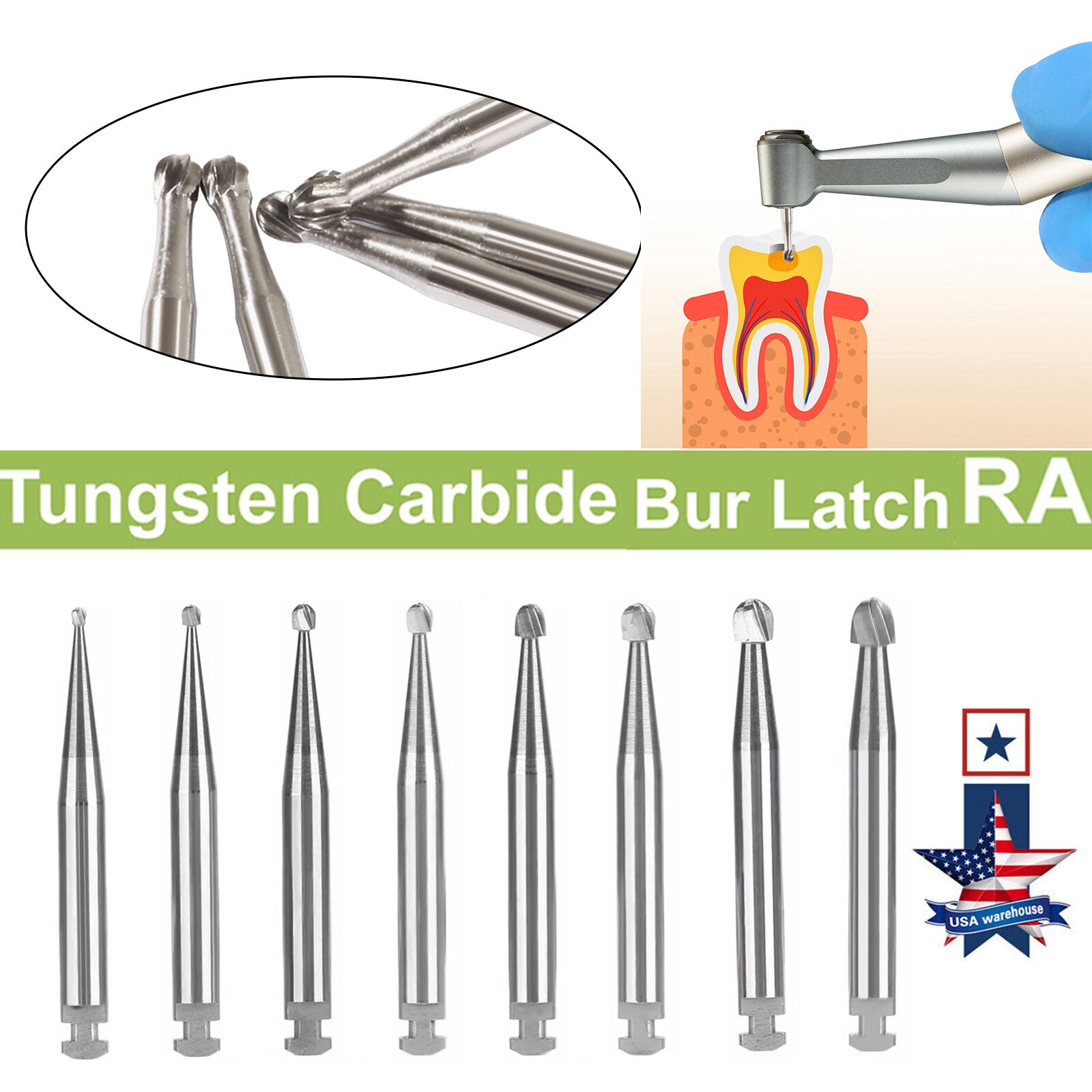 Dental Tungsten Carbide Burs Round Latch RA 1 2 3 4 5 6 7 8 Low Speed