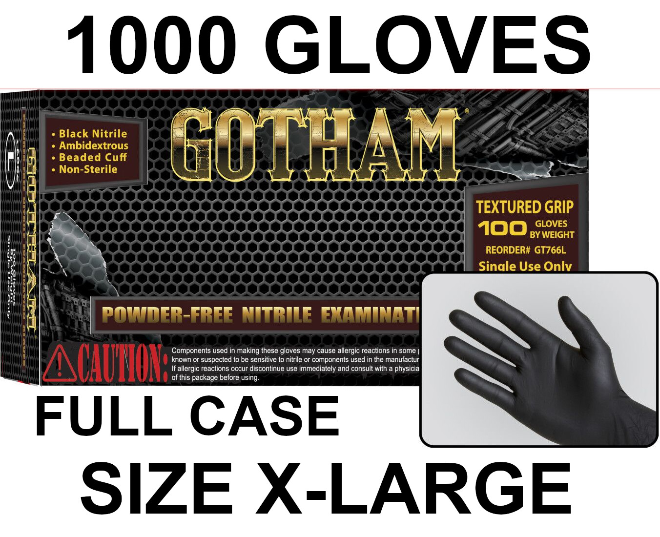 GOTHAM Black Nitrile Exam Gloves, Powder Free, Case of 1000 Size X-LARGE