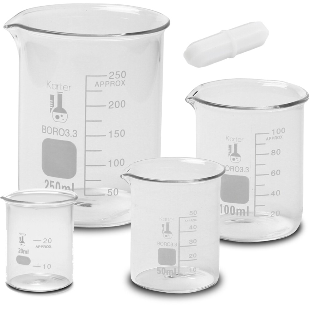 Glass Low Form Beaker Set w/ Magnetic Stir Bar, 3.3 Boro, 4 sizes, 20/50/100/250