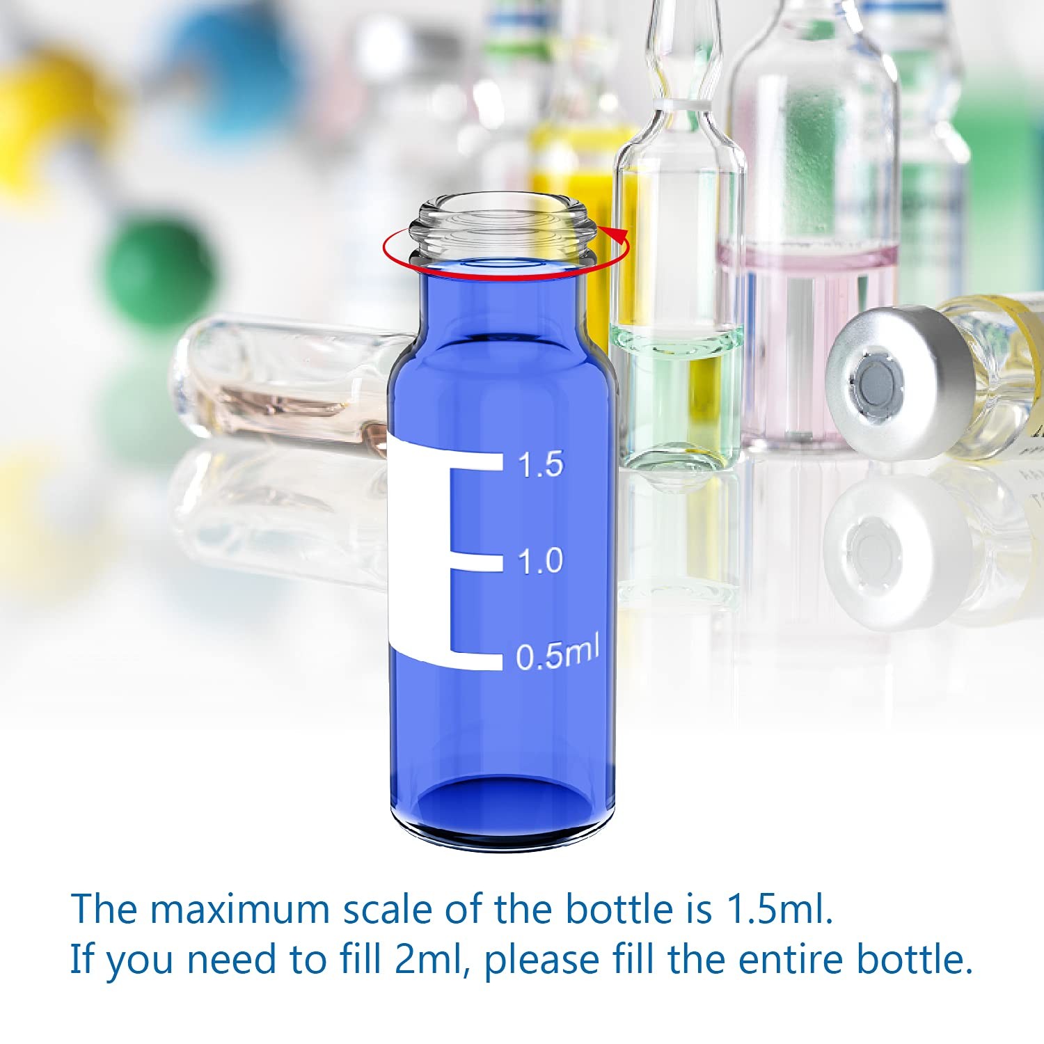 2ml 1000 Pcs Autosampler Vials Transparent Sample Bottle with Blue Screw Caps