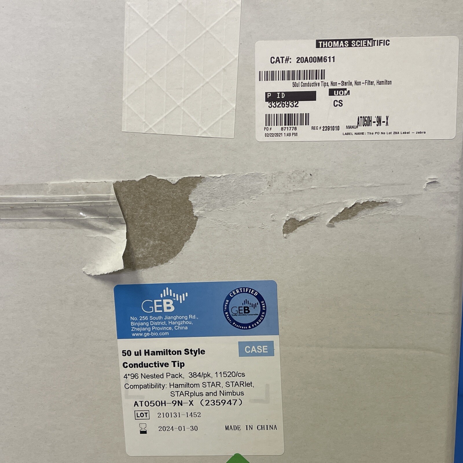 GEB 50uL HAMILTON STAR CONDUCTIVE TIP AT050H-9N-X 4*96 NESTED PACK 384/Pk,11520