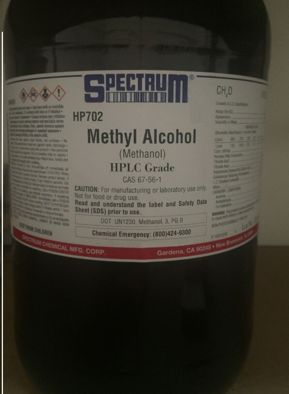 100ml High quality Spectrum Methyl Alcohol hplc Grade