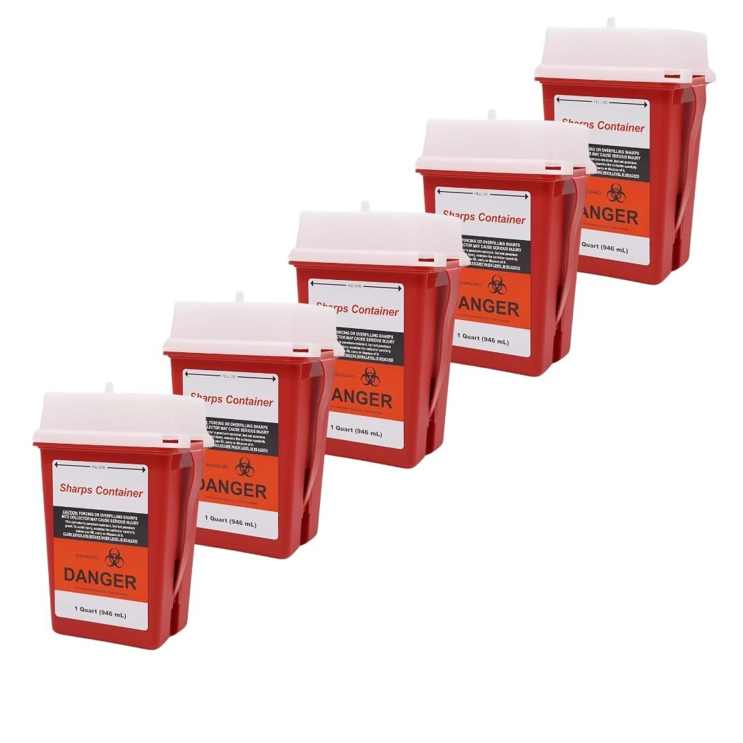 LabXcel Polypropylene Sharps Container Red Needle Disposal Bin w/ Lid – 1 Quart