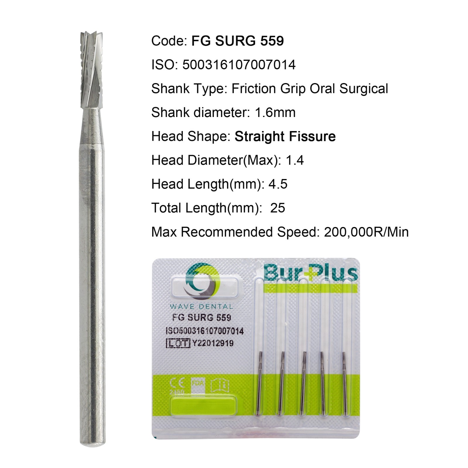 Wave Dental Carbide Surgical Burs FG SURG 559 25mm High Speed Straight Fissure