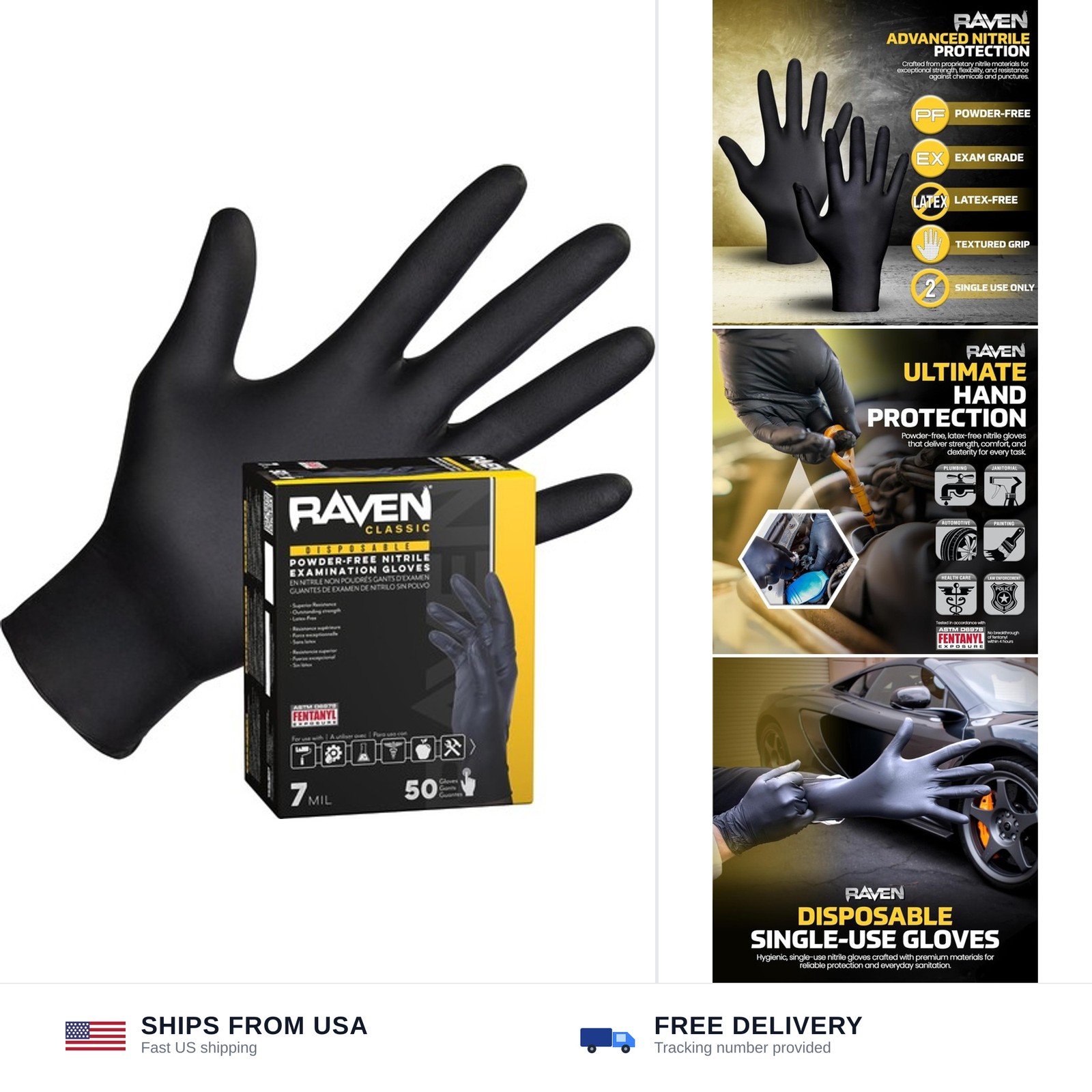 SAS Safety 66517-01 Raven Powder-Free Exam Grade Nitrile – 6 mil 50 Gloves pe…