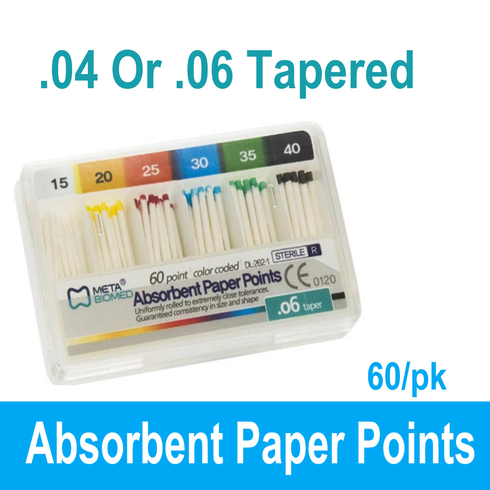 Dental Endodontic Taper .04 or .06 Absorbent Paper Points, CHOOSE SIZE, 60/pk.
