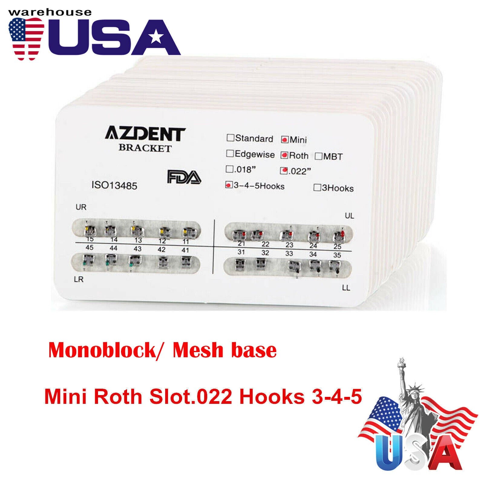 Brackets de ortodoncia dental Mini Roth 022 Ganchos 345 Monoblock/Base de malla