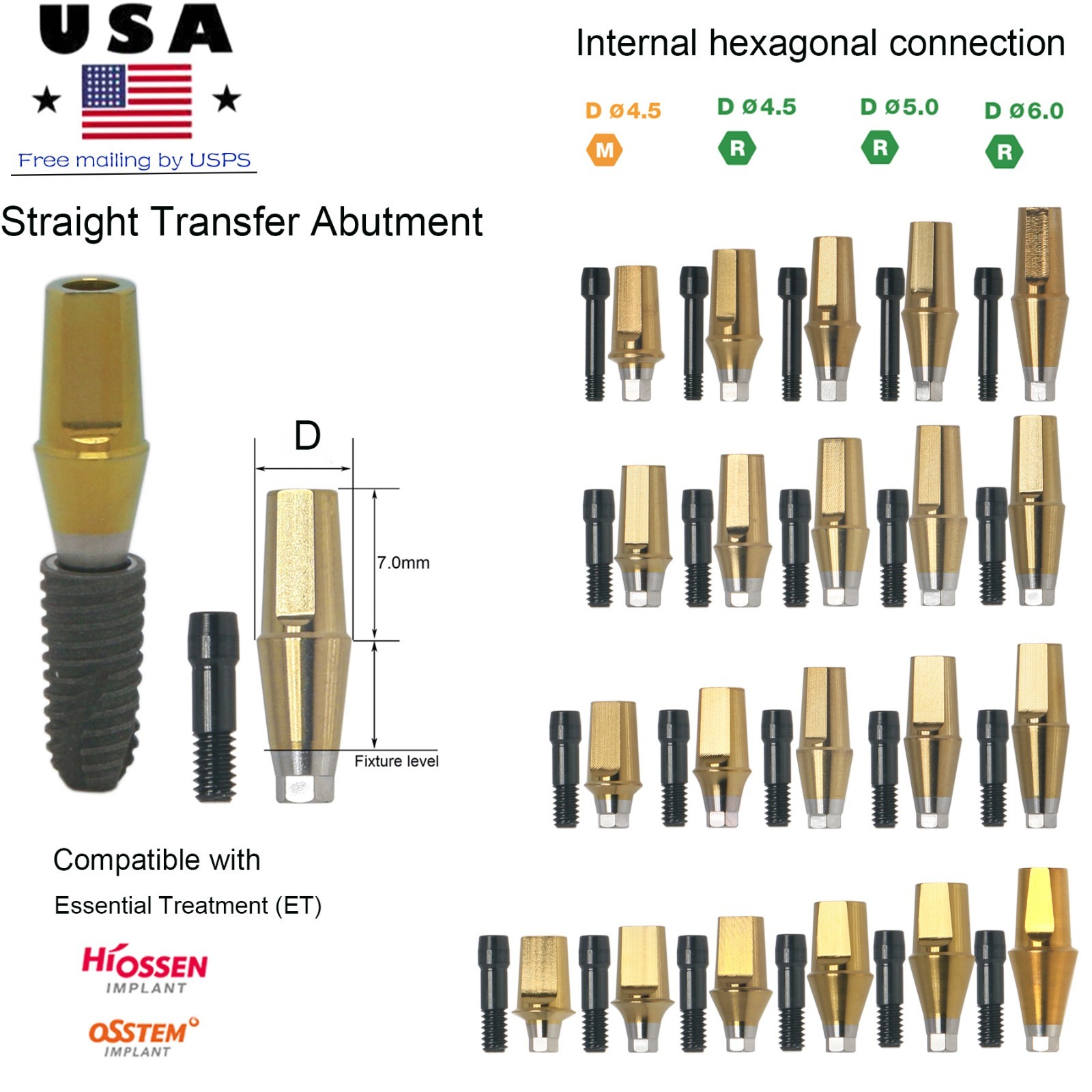 Implant Straight Abutment Titanium 7.0 mm height Hex Fit Hiossen ET Mini/Regular