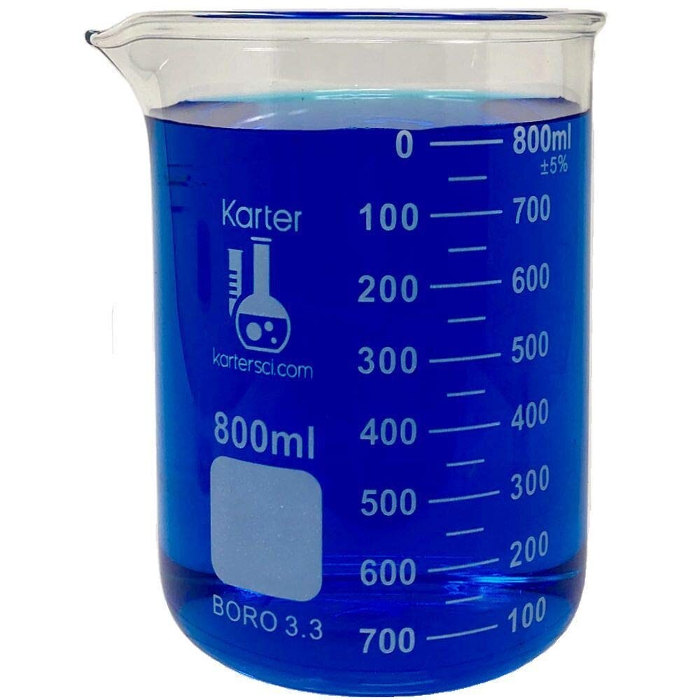 800ml Beaker, Low Form Griffin, Borosilicate 3.3 Glass, KarterSci (Pack/12)
