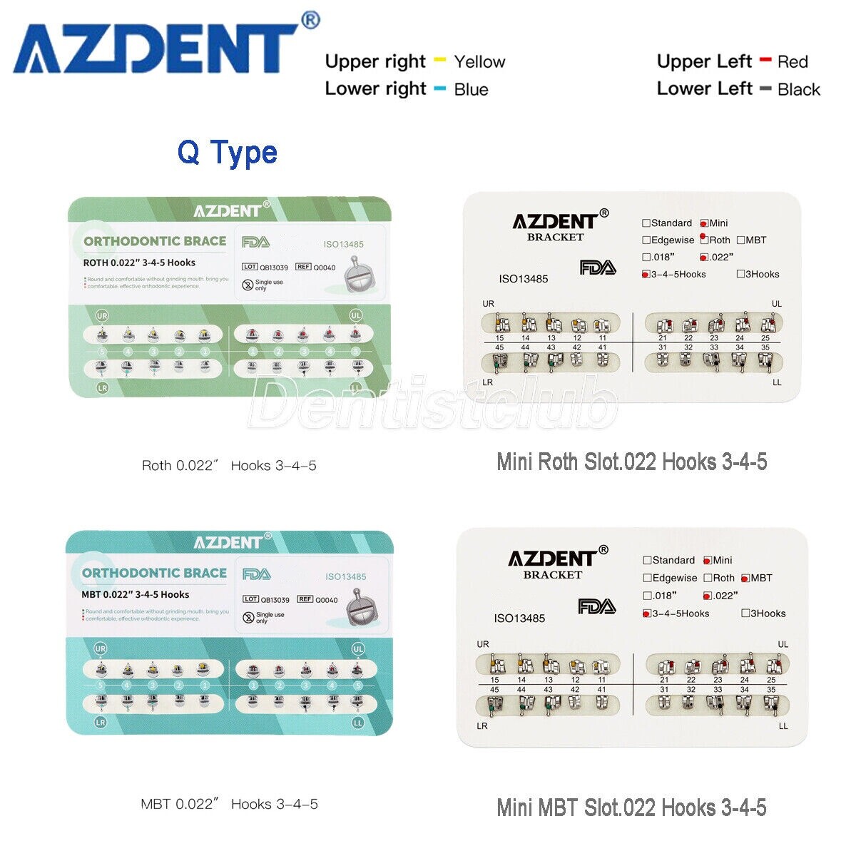 AZDENT Dental Orthodontic Metal Brackets Braces ROTH/MBT 0.022 Hook 345 CE FDA