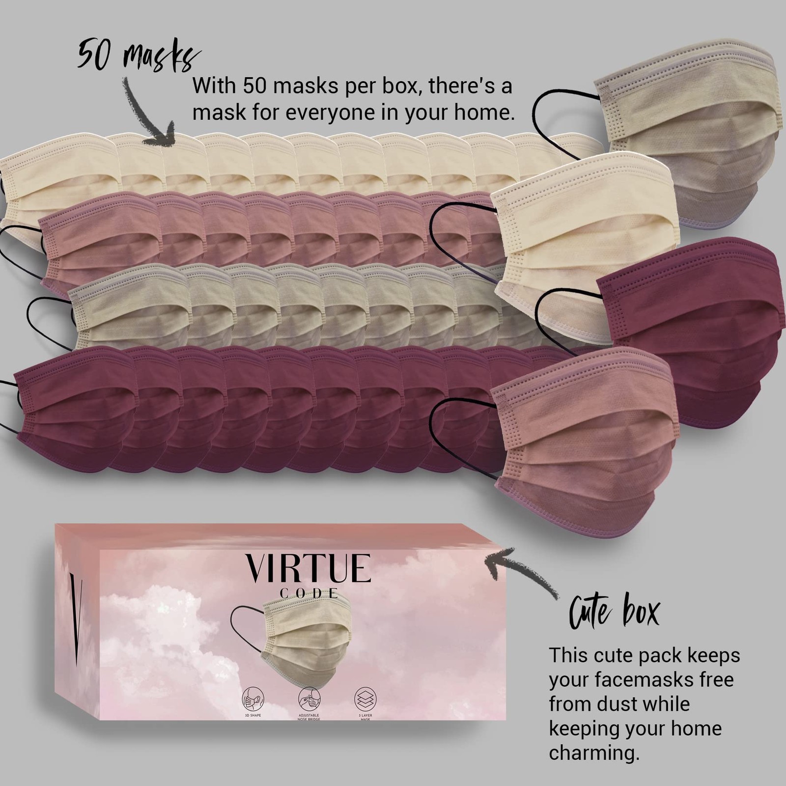 VIRTUE CODE Support Face Masks – Soft 3 Ply 50 Count (Pack of 1), Earth Tones