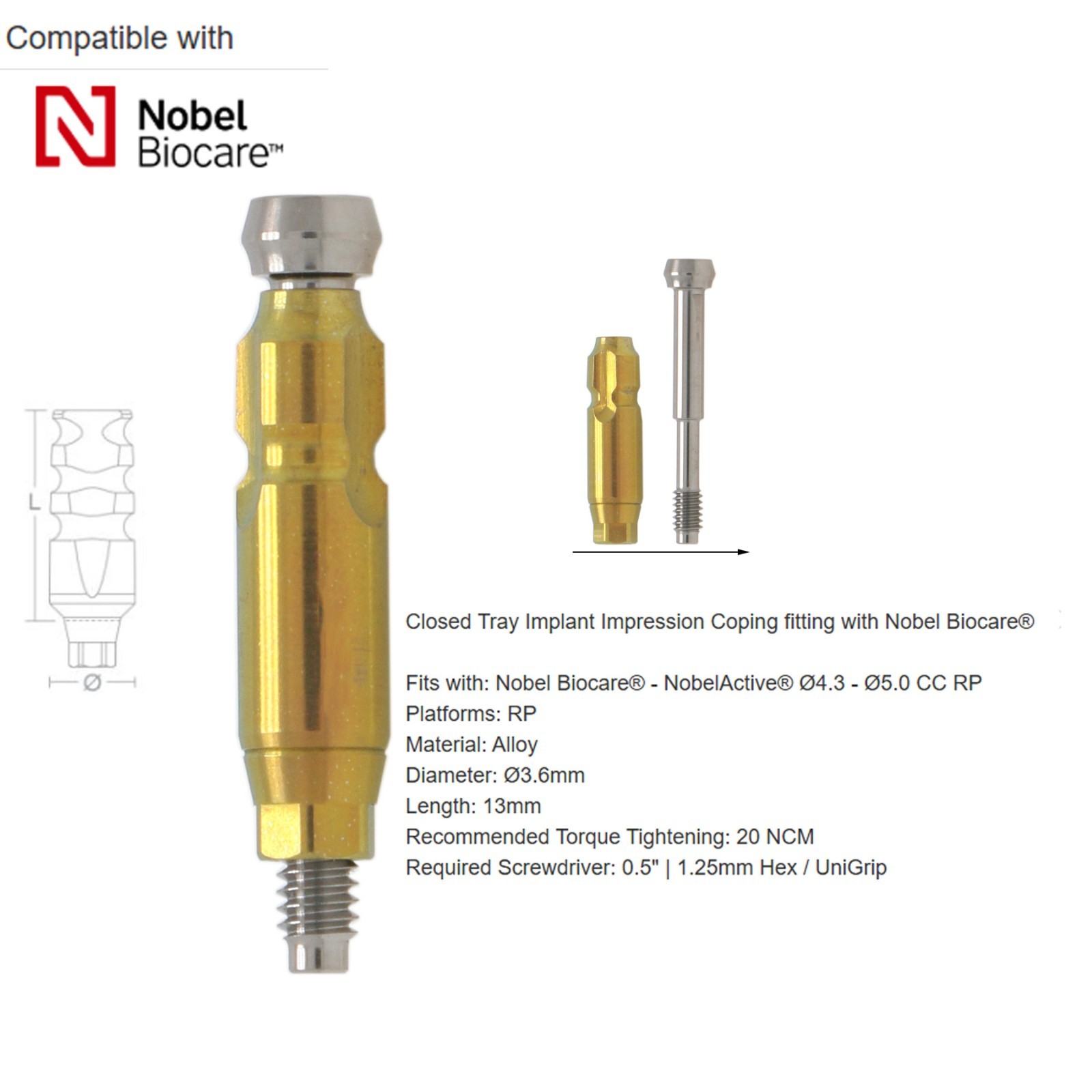 US Nobel Biocare Compatible Impression Coping Closed Tray Conical Connection RP