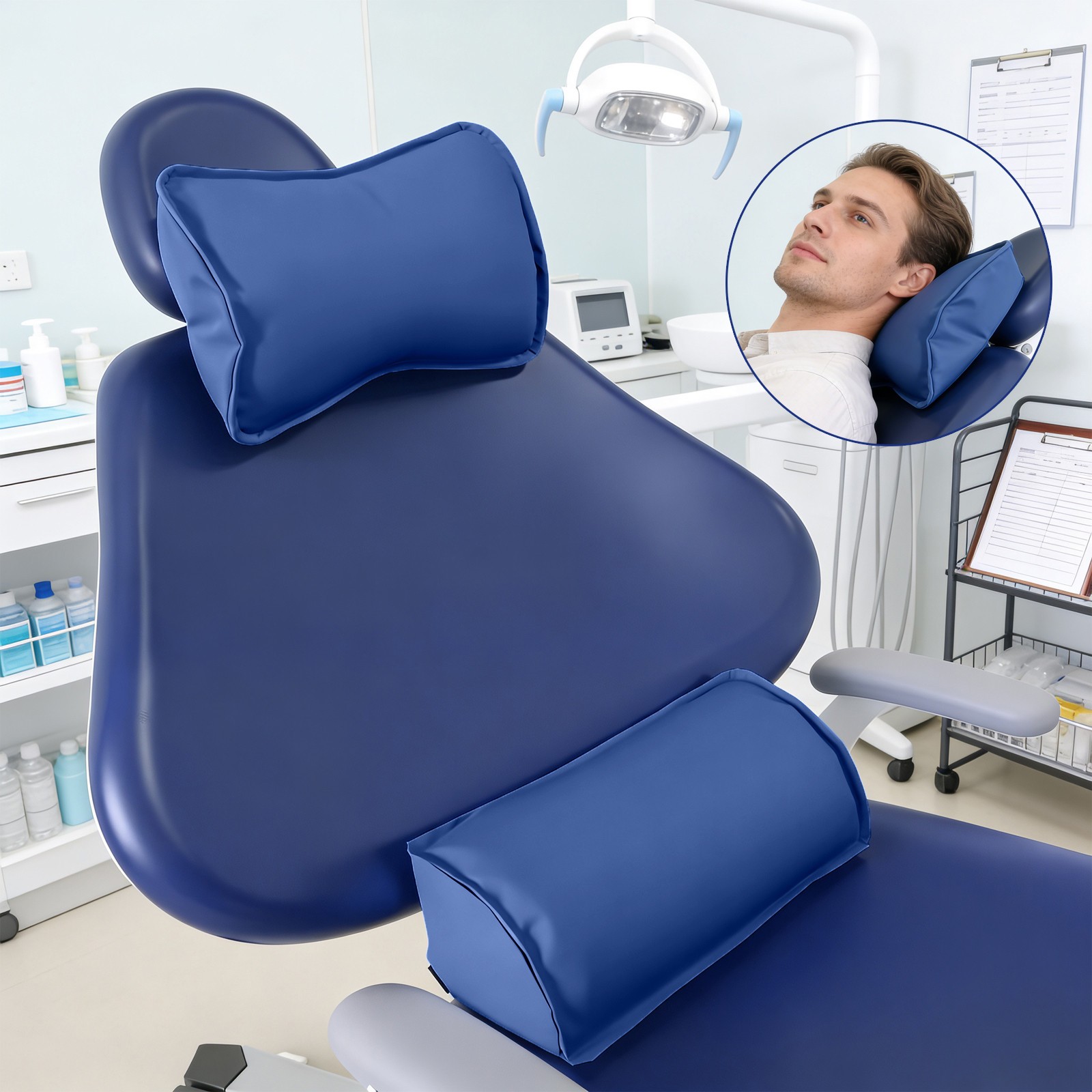 Dental Chair Neck Pillow Lumbar Cushion Memory Foam Microfiber Leather Dark Blue