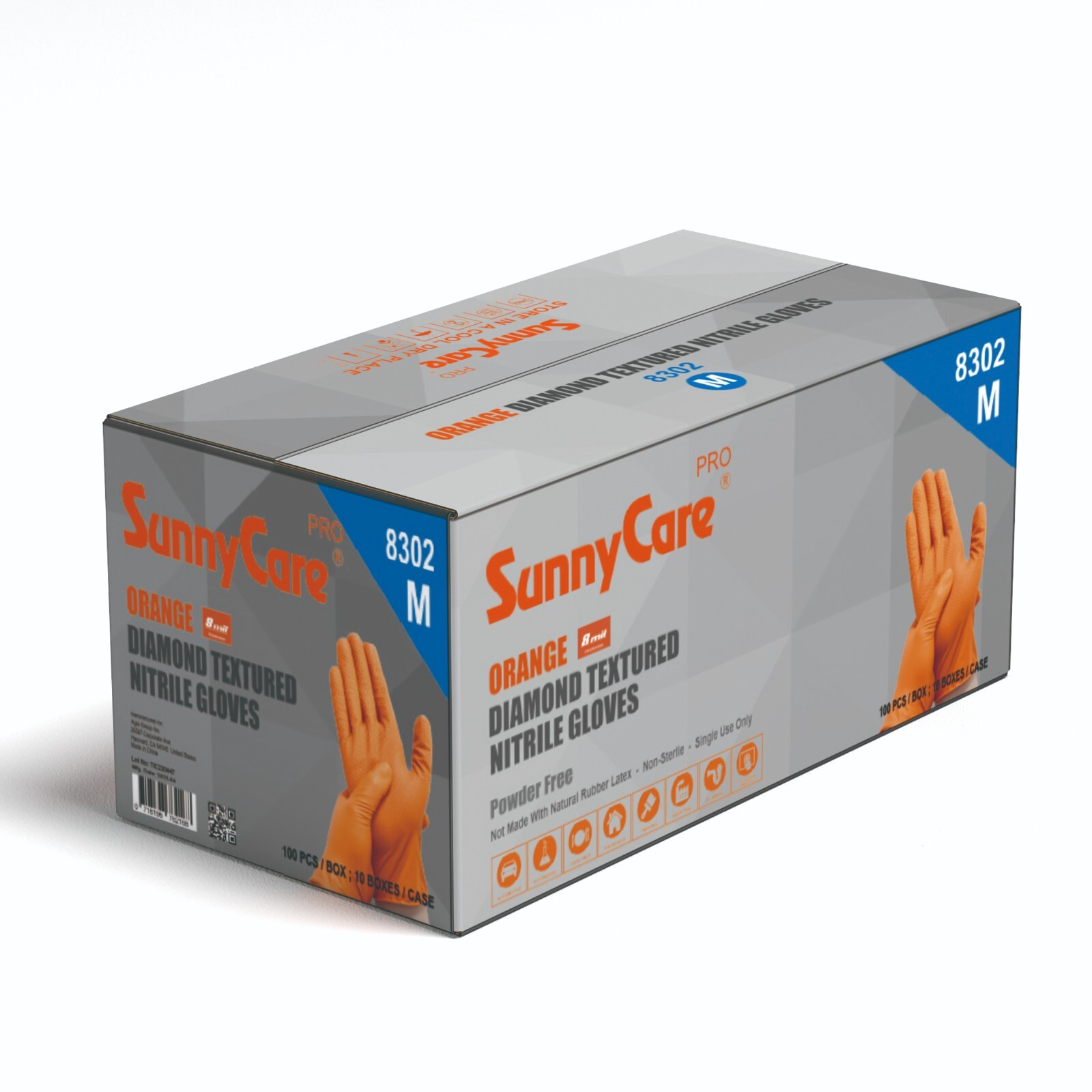 1000 SunnyCare® 8Mil Orange Diamond Textured Nitrile Gloves Powder Free Medium