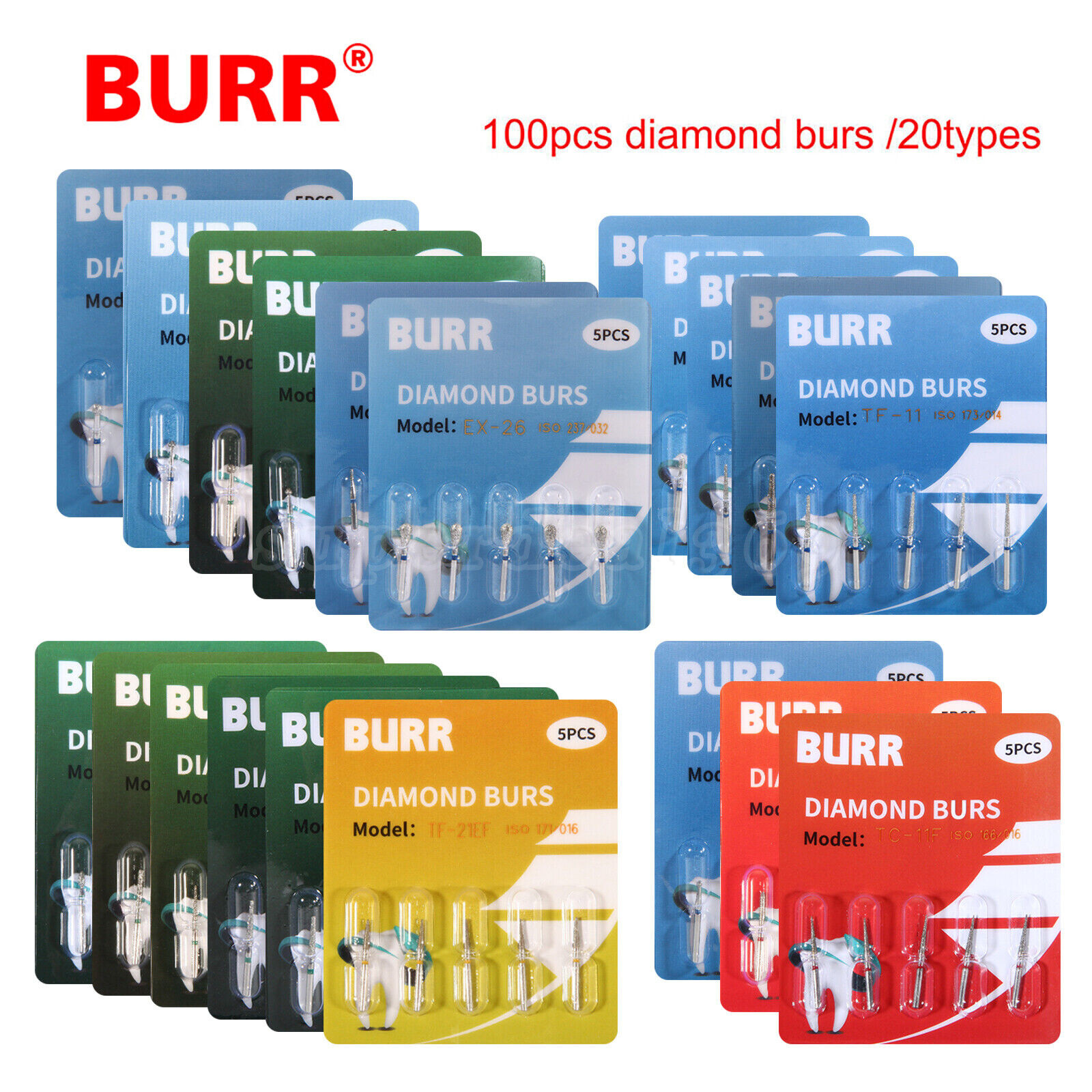 20Types 100Pcs Dental Diamond Burs Drills For High Speed Handpiece Medium FG BUR