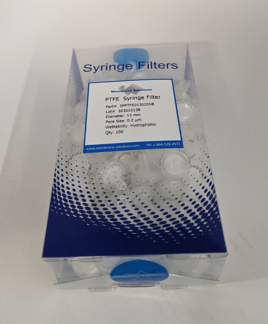 NEW Membrane Solutions 13mm D, 0.2um Pore Size PTFE Syringe Filters (Box of 100)