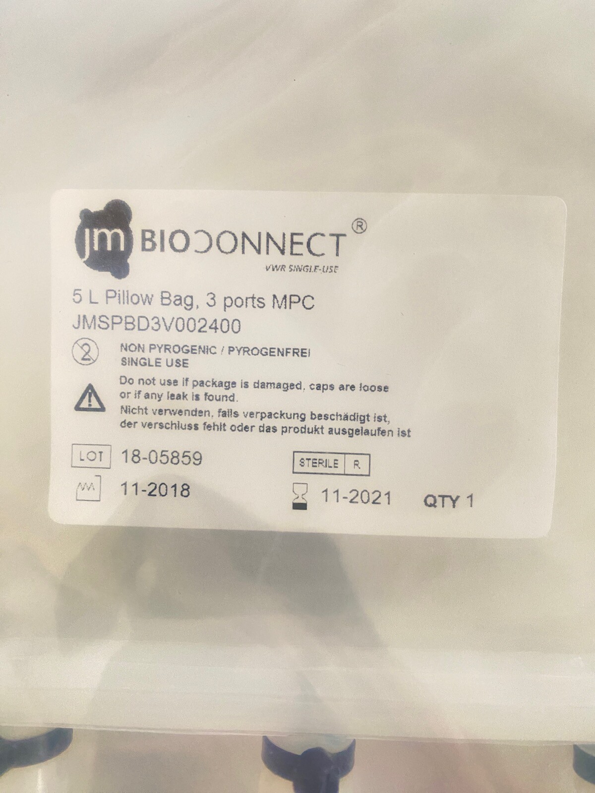 JM BIOCONNECT Hanging 5L Disposable Bio Pillow Bag 3-Port MPC JMSPBD3V002400