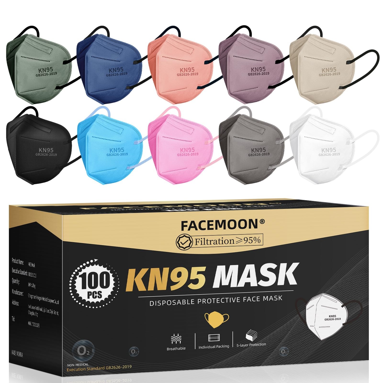 KN95 Face Masks – 100 Pack 5-Layer Breathable Safety Masks 10 Colors