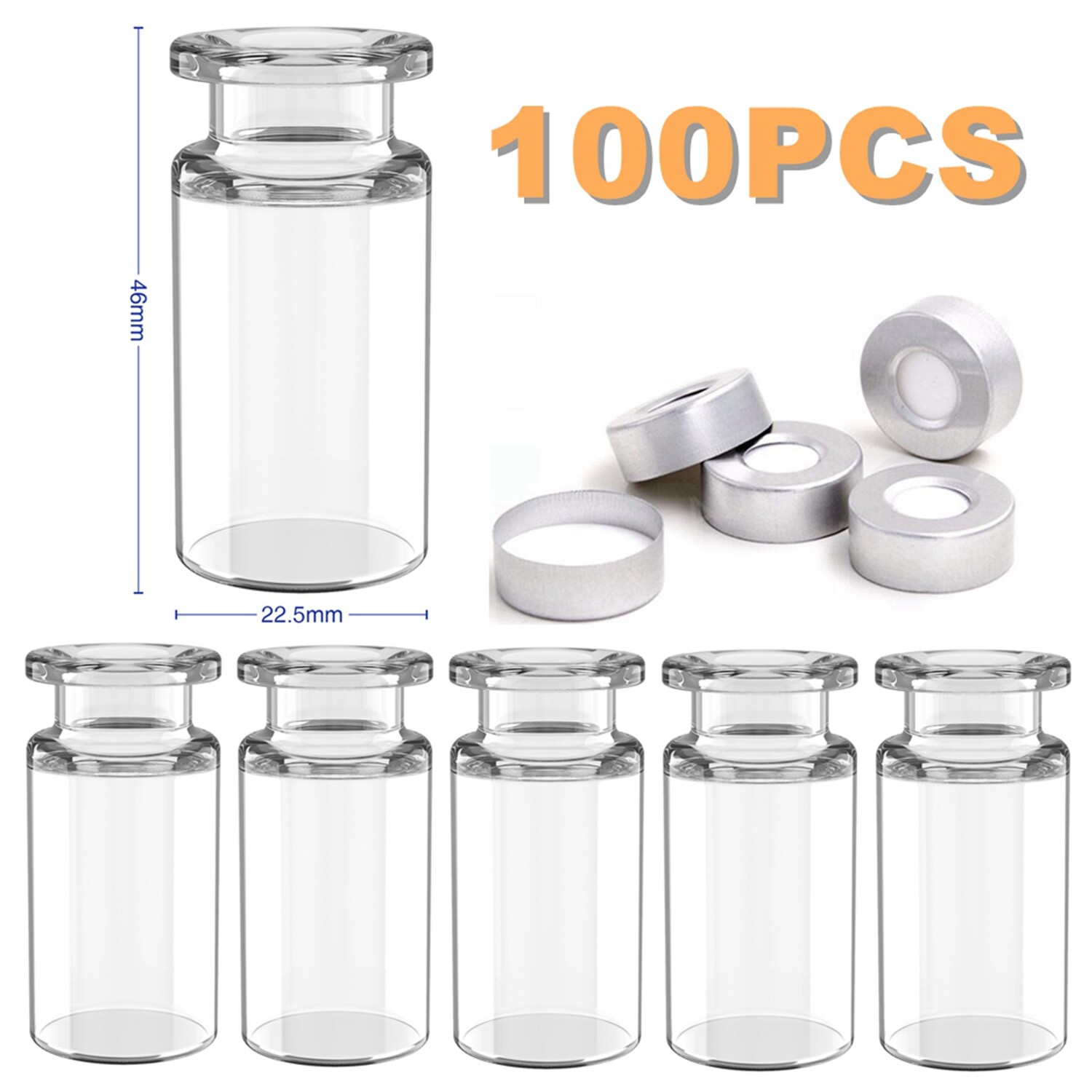 500pcs 10ml Capacity Clear Sample Headspace Vials, Crimp Top Caps Glass Bottles
