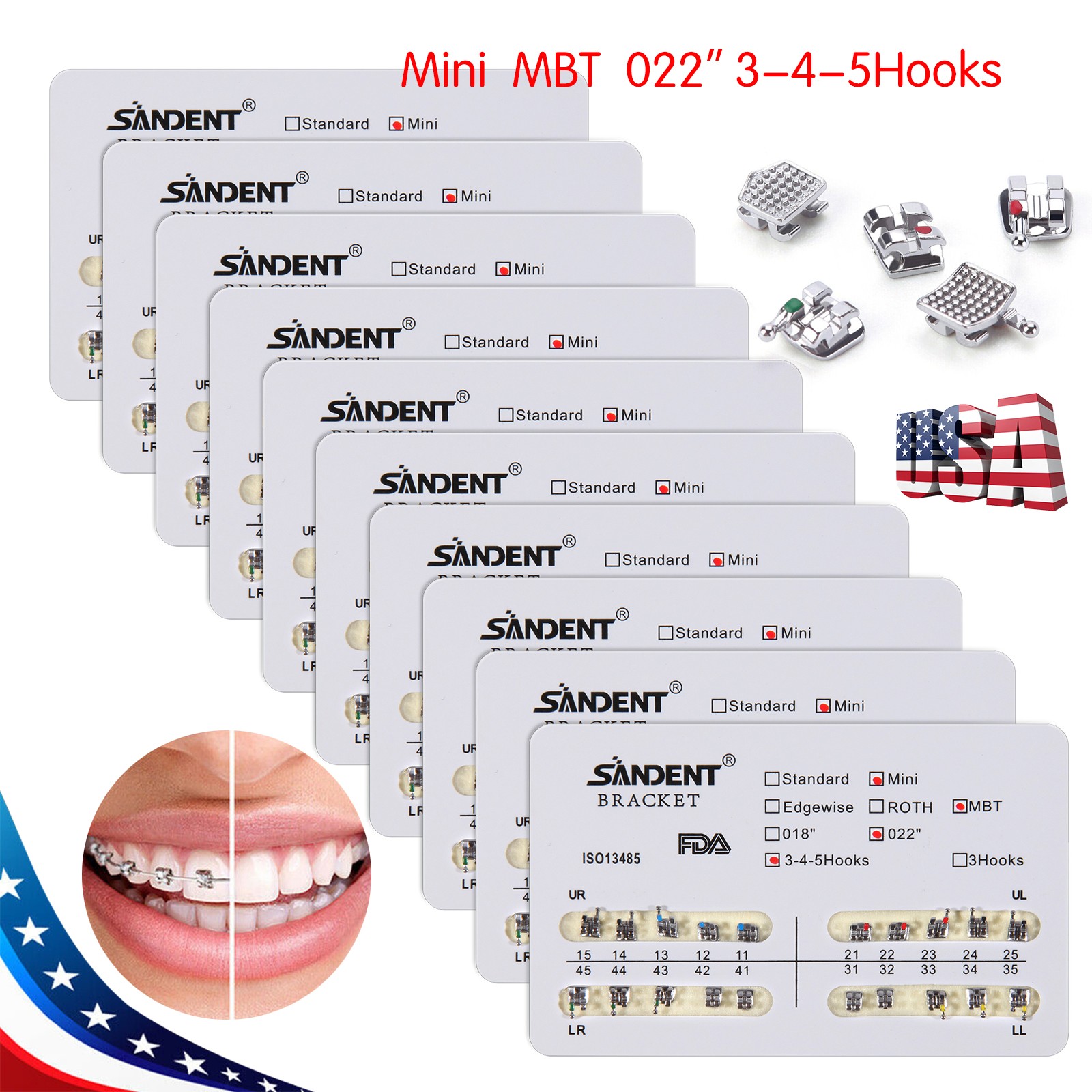 200* Dental Orthodontic Bracket Braces MBT 022 Slot 345hooks Metal Mini Standard