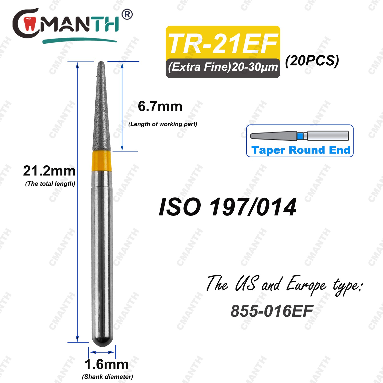 TR Type Dental Diamond Burs Fit High Speed Handpiece 1.6mm Drills 20pcs