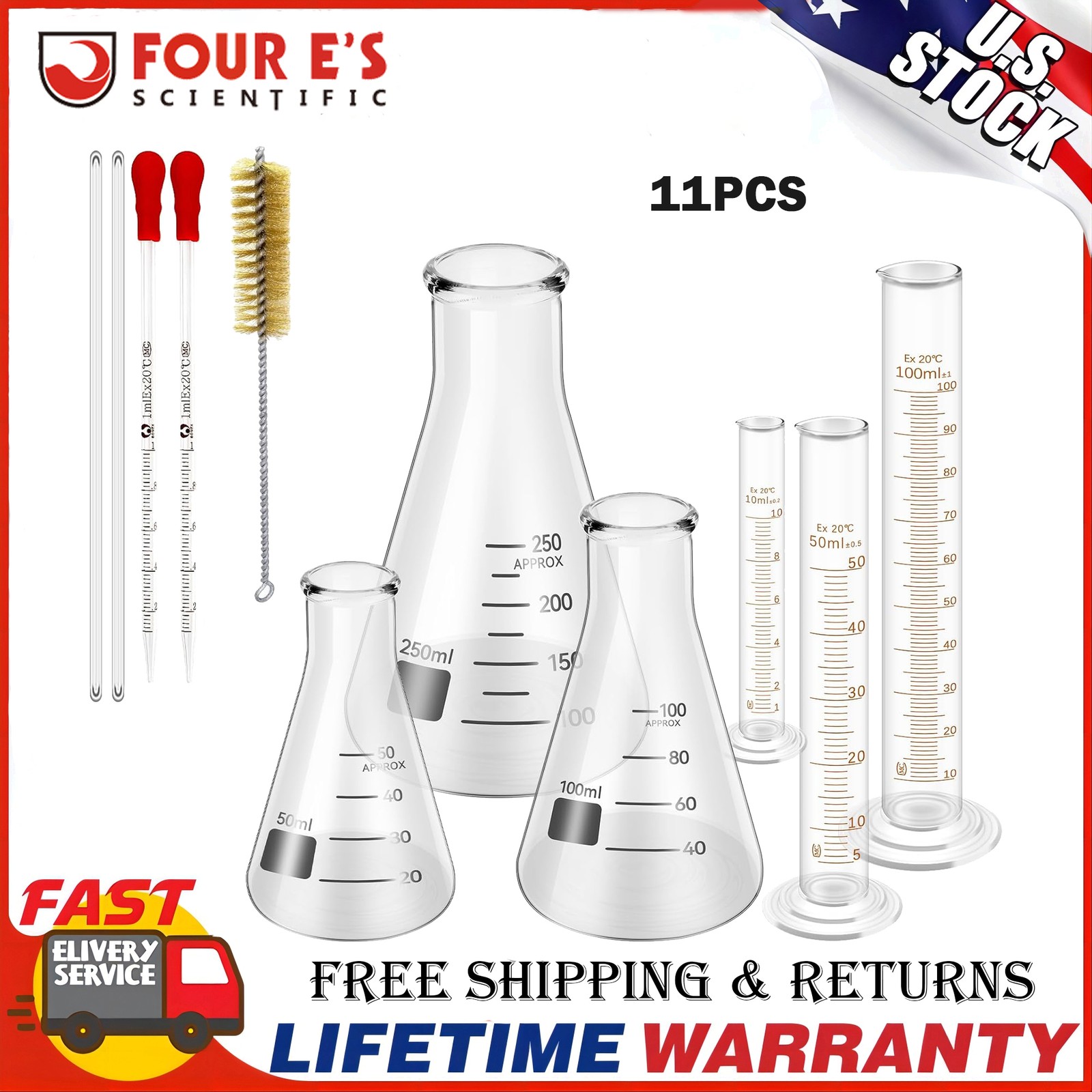 11Pcs Lab Flask Glass Measuring Beaker Graduated Cylinder Different Glassware