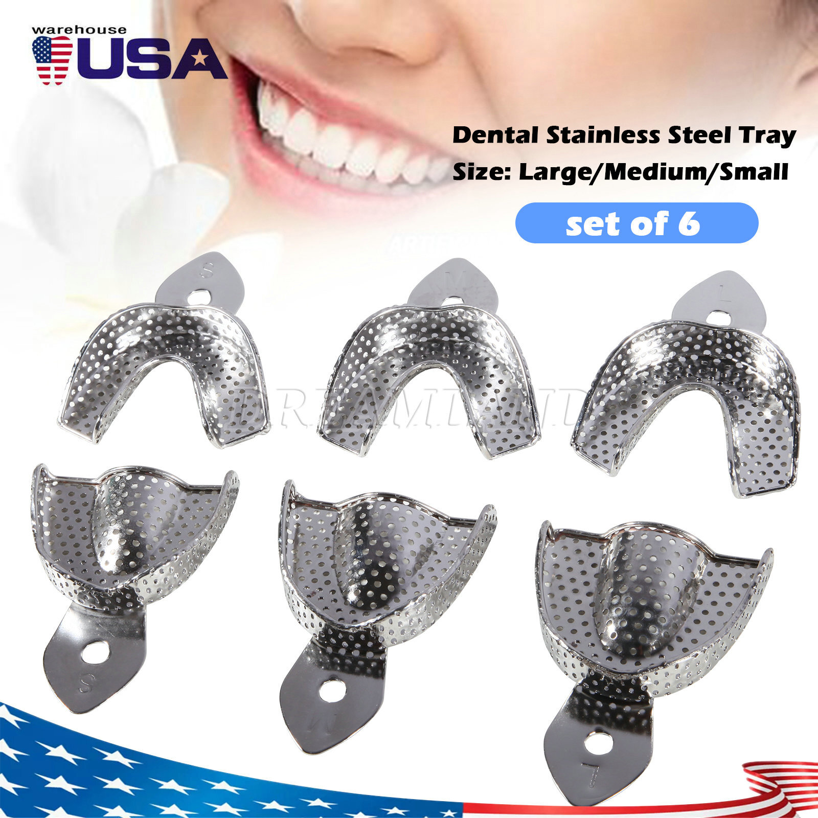 DENTAL STAINLESS STEEL PERFORATED IMPRESSION TRAYS AUTOCLAVABLE SET OF 6