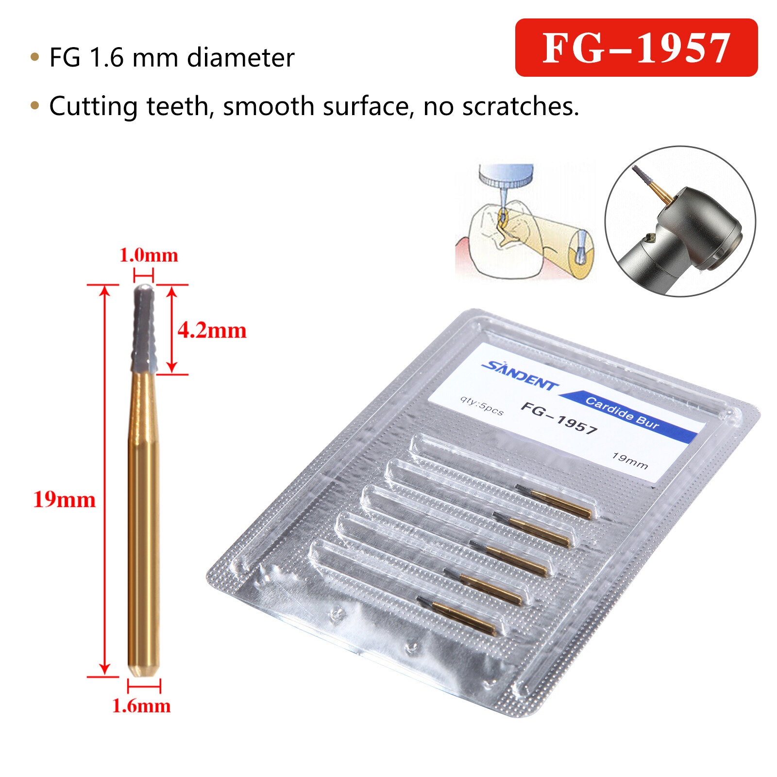 Dental Carbide Burs High Speed FG 1957 1958 Crown Metal Cutter 19mm