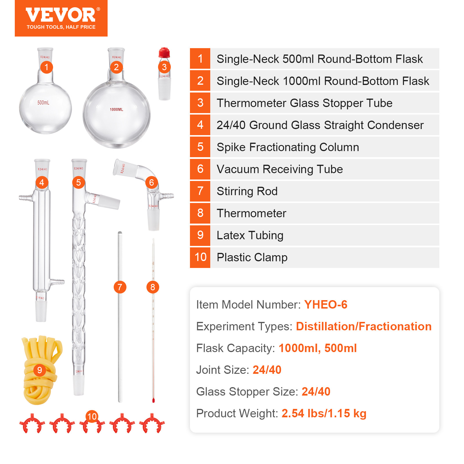 VEVOR Lab Glassware Distillation Kit 1000ml 3.3 Boro 14 pcs Glassware Equipment