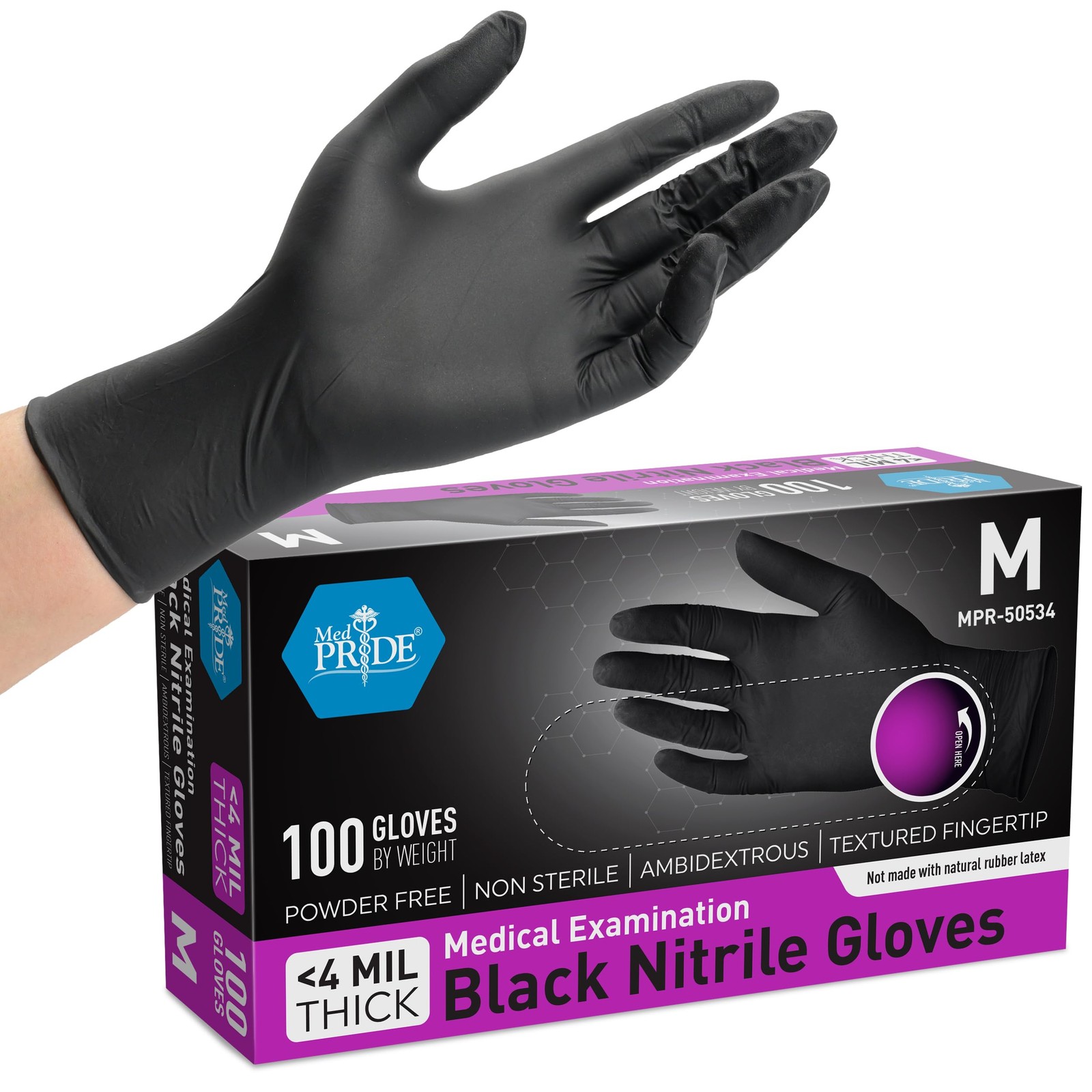 MED PRIDE Black Nitrile Gloves 4 Mil Medium 100 Count