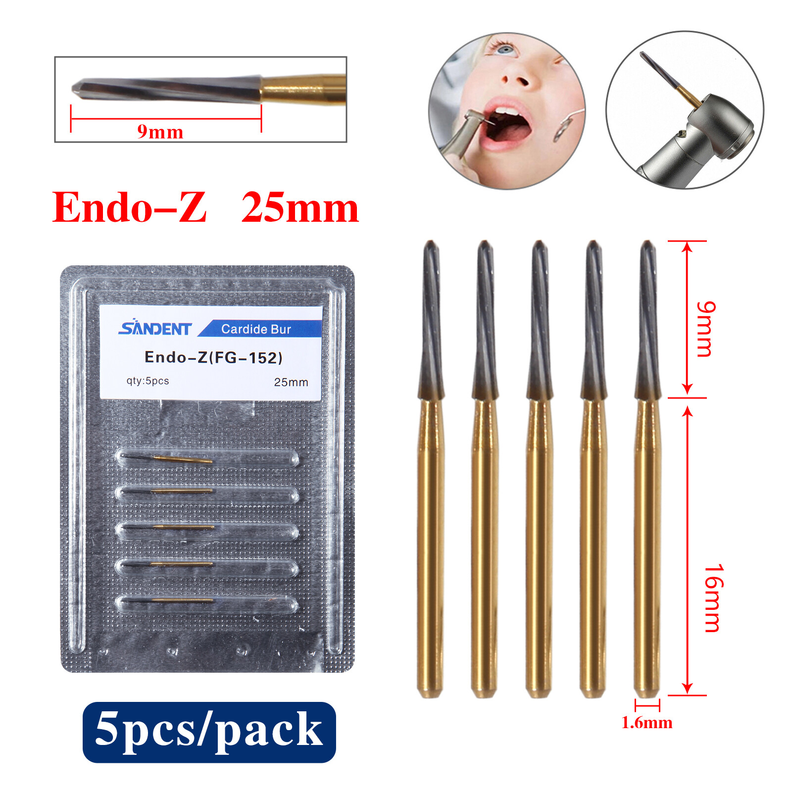 5PCS Dental Endodontic ENDO-Z Tungsten Carbide FG Round Bur High Speed 25mm USA