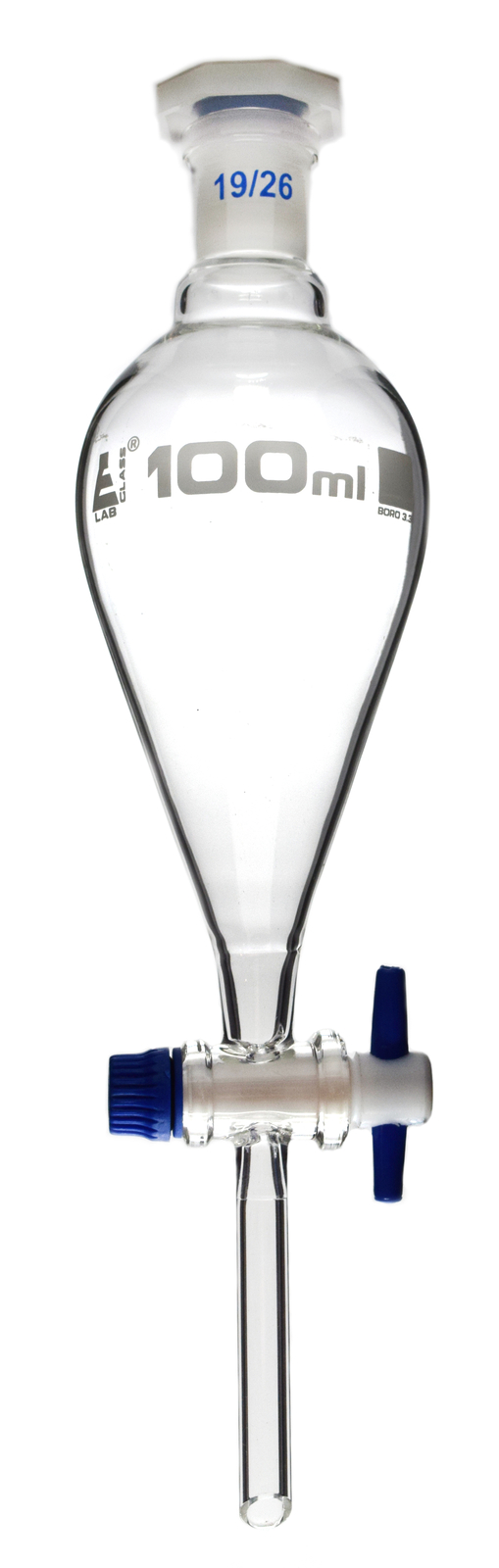 Eisco 100ml Separatory Funnel, Squibb, PTFE Stopcock, 19/26 – Borosilicate Glass