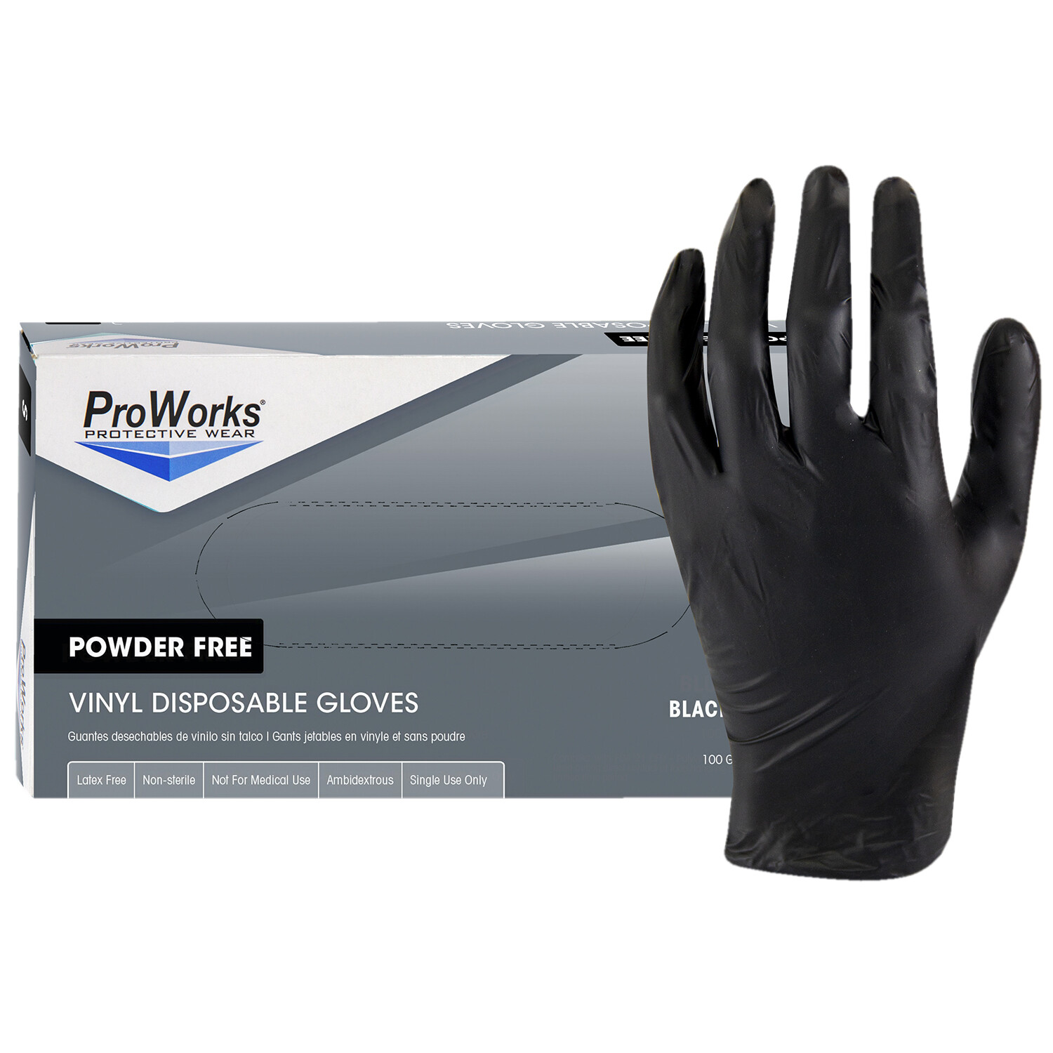 ProWorks® Vinyl/Nitrile Blend Disposable Gloves, Powder Free, Black size L-M-S