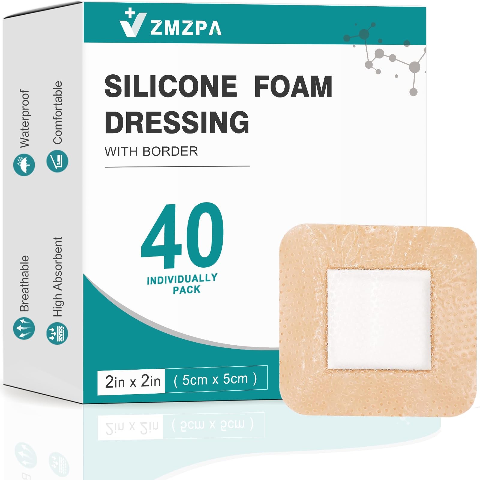 40 Pcs Silicone Foam Dressing 2×2 Gentle 2”x2” (40 Packs), Complexion