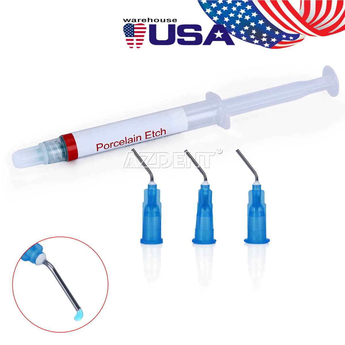 Dental Porcelain Etch Gel 9.5%Hydrofluoric Acid Etchant 2.5 ml/syringe 3 Tips