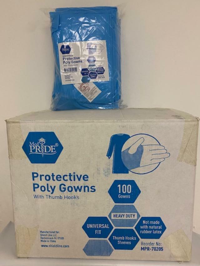 MedPride Impervious Isolation Protective Poly-Gowns W/Thumb Hooks,Blue,100/Box