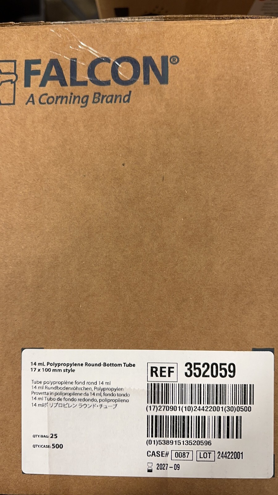 Falcon 352059, 14ml Round-Bottom Polypropylene Test Tubes , 500/Case