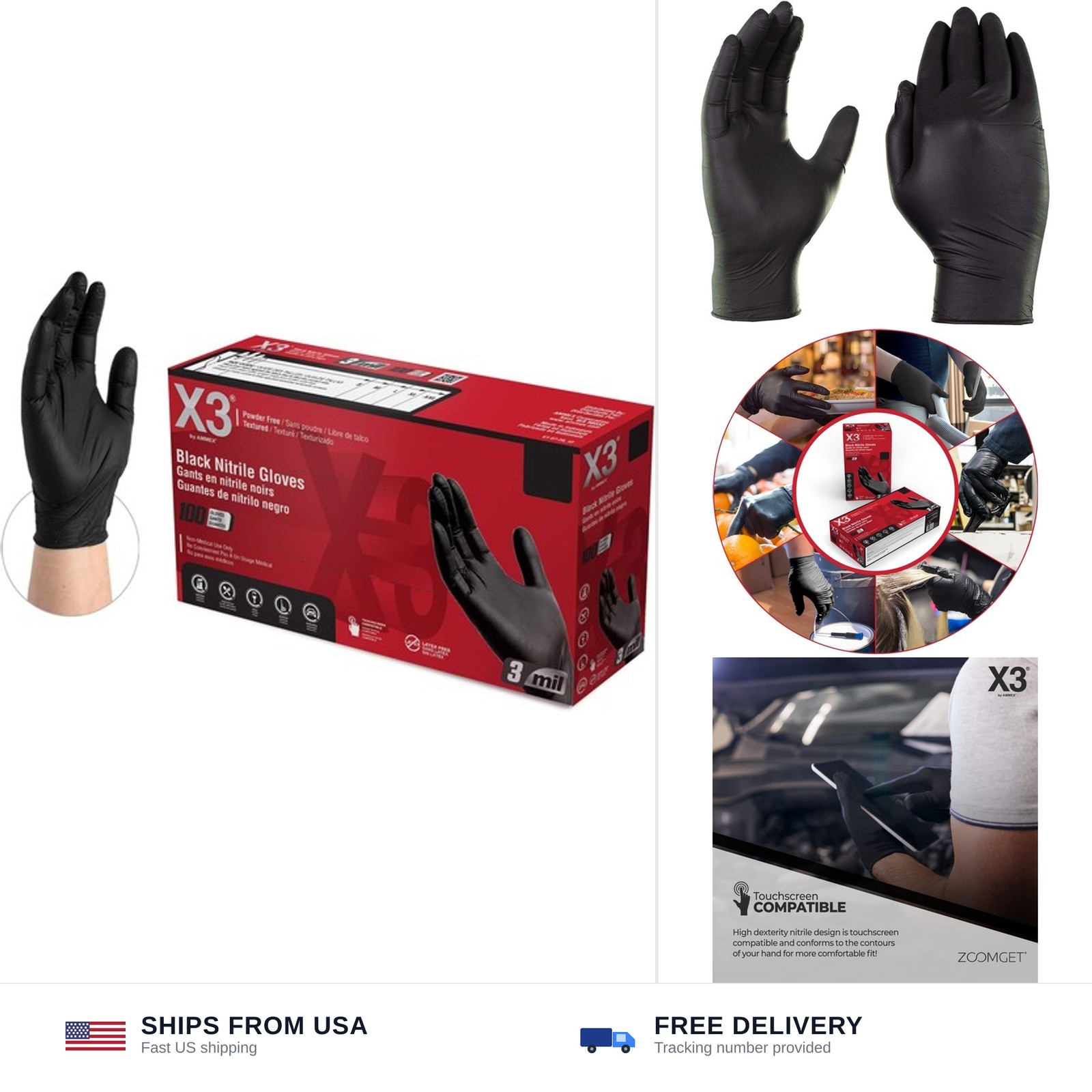 X3 Black Gloves, Disposable, Latex Free, Nitrile, for Cooking, Food Prep, 3 M…